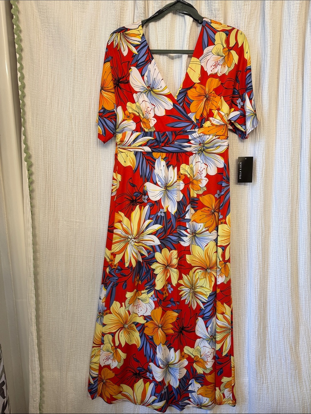 Floral Midi Dress in Orange and Navy with Yellow & White Blooms